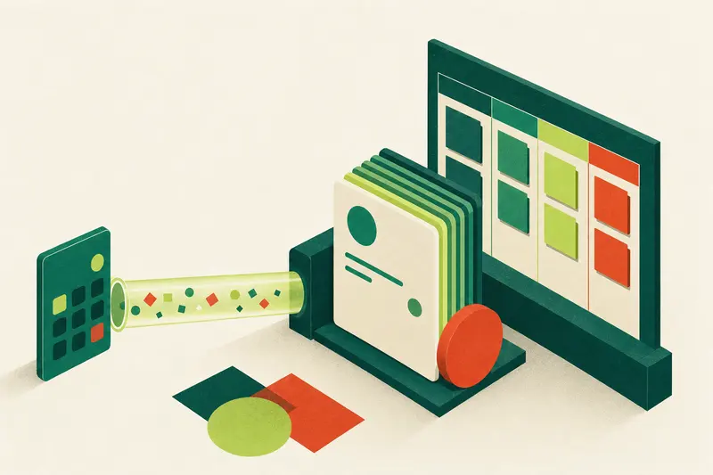Paper-cut illustration of a calculator sending a lead through a pipe into contact cards and a pipeline board