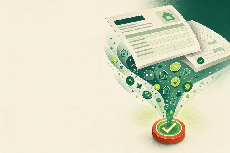 Illustration of a rate sheet dissolving into a funnel of dollar, percent and house tokens that converge on a green approval stamp
